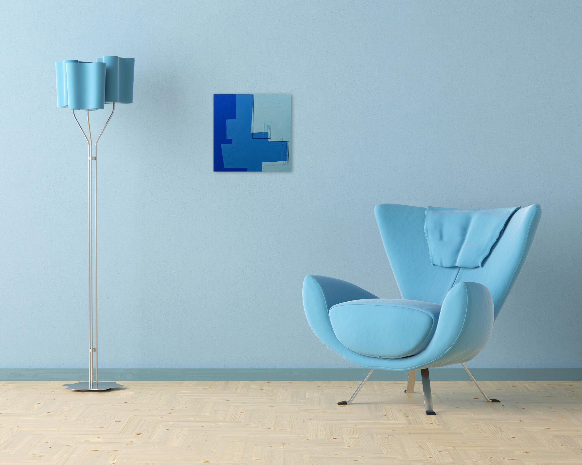 A painting of a blue and white abstract painting on a white background.