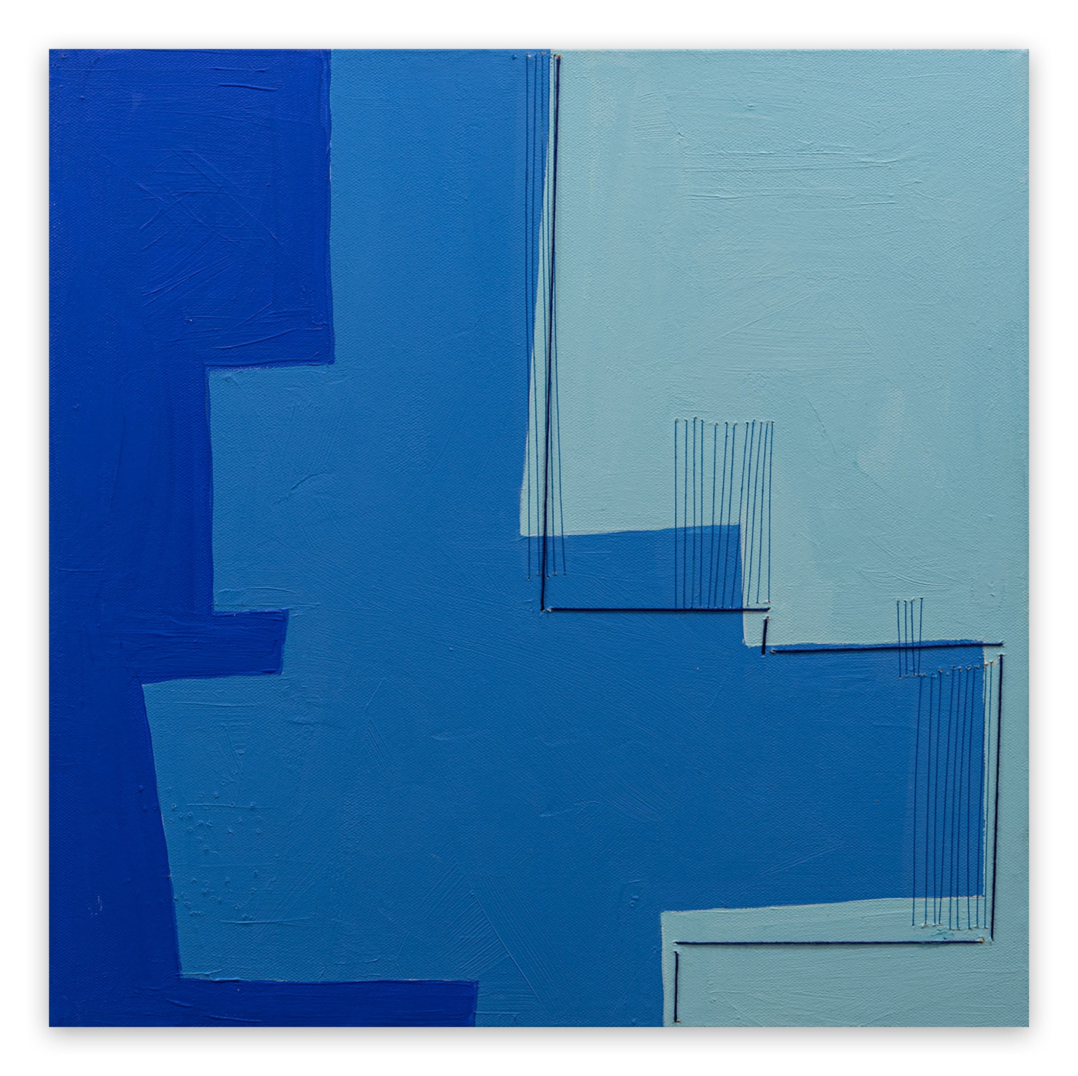 A painting of a blue and white abstract painting on a white background.