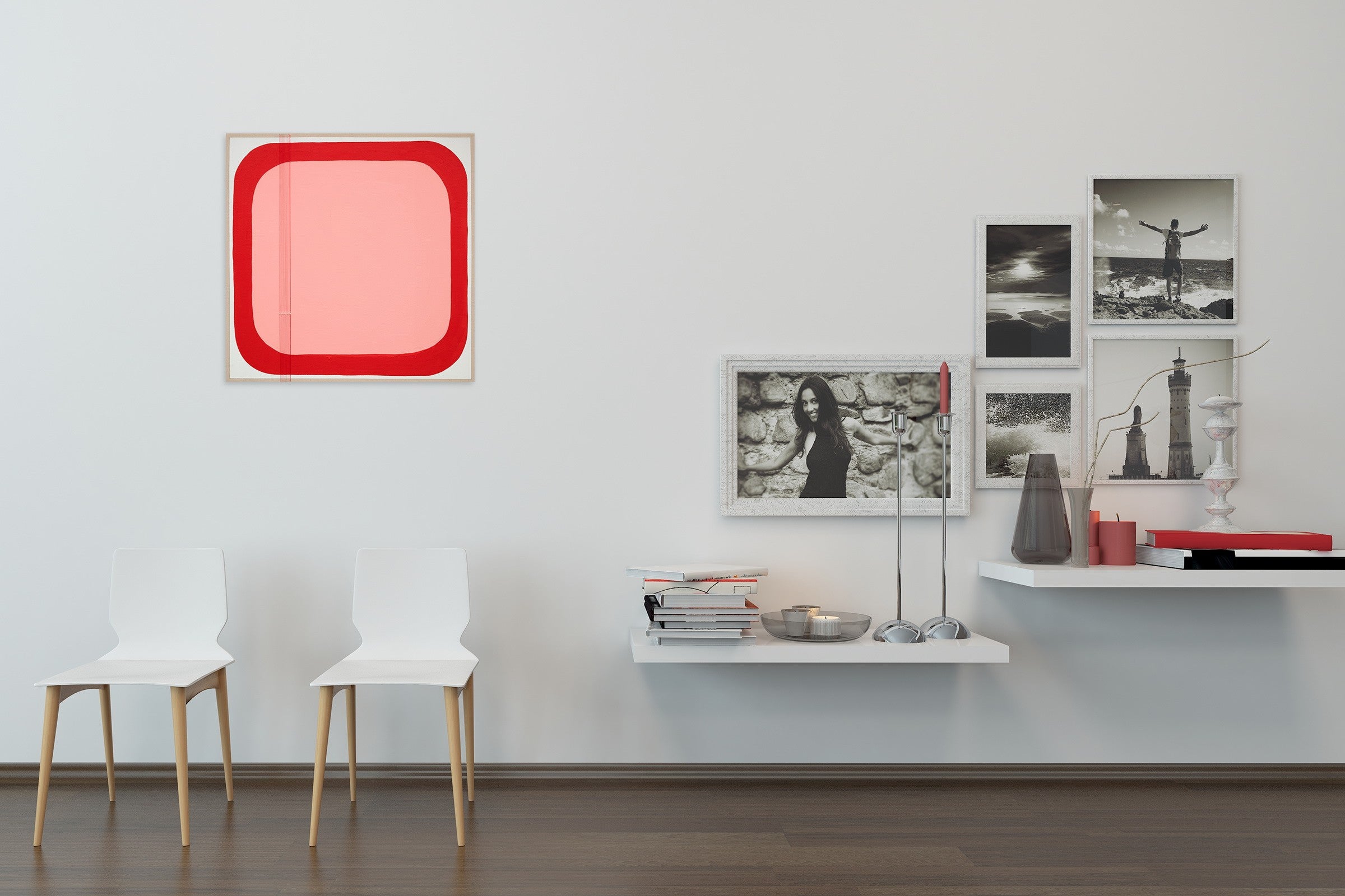 A pink and red painting on a white background.