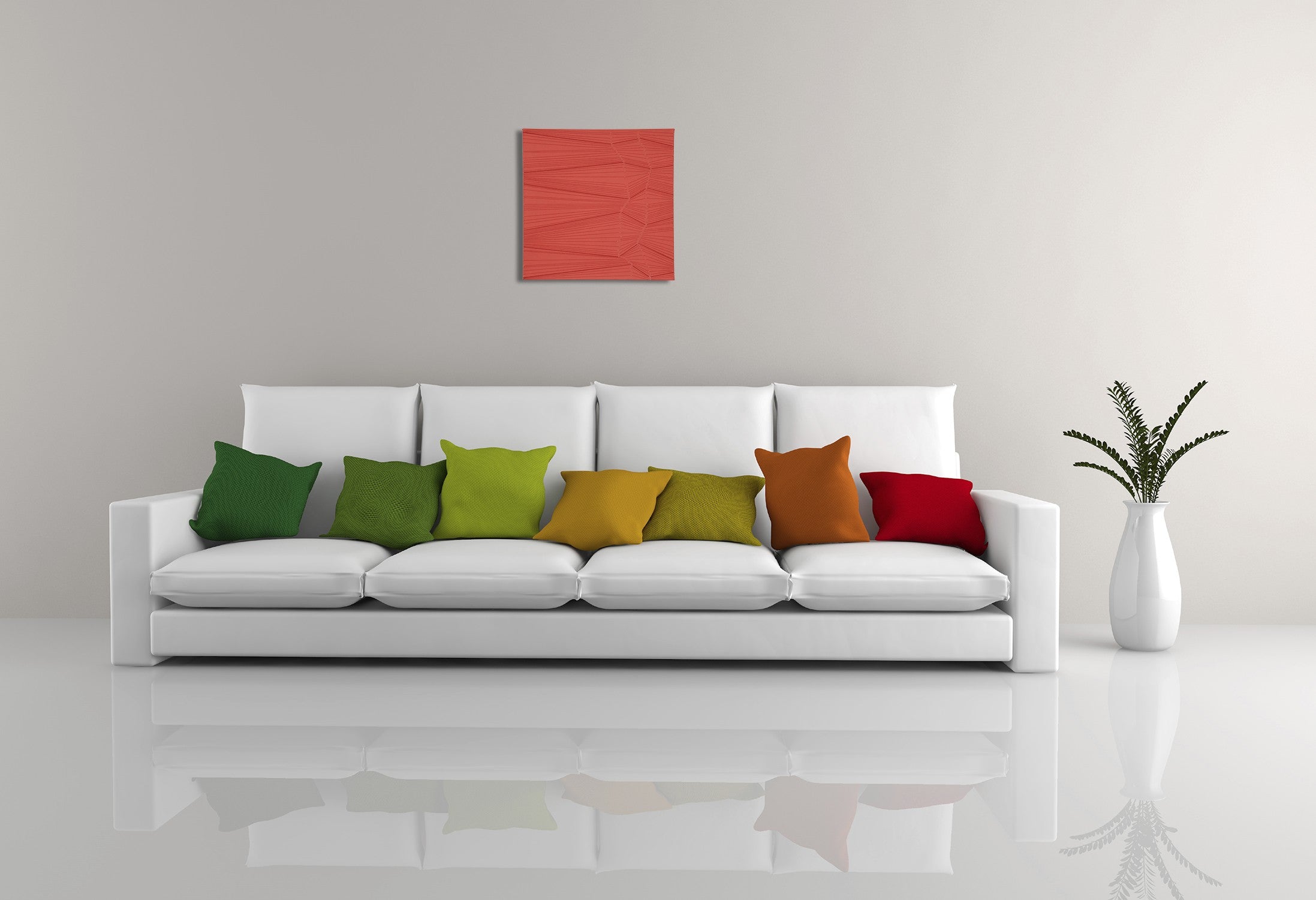 A red wall hanging on a white wall. 