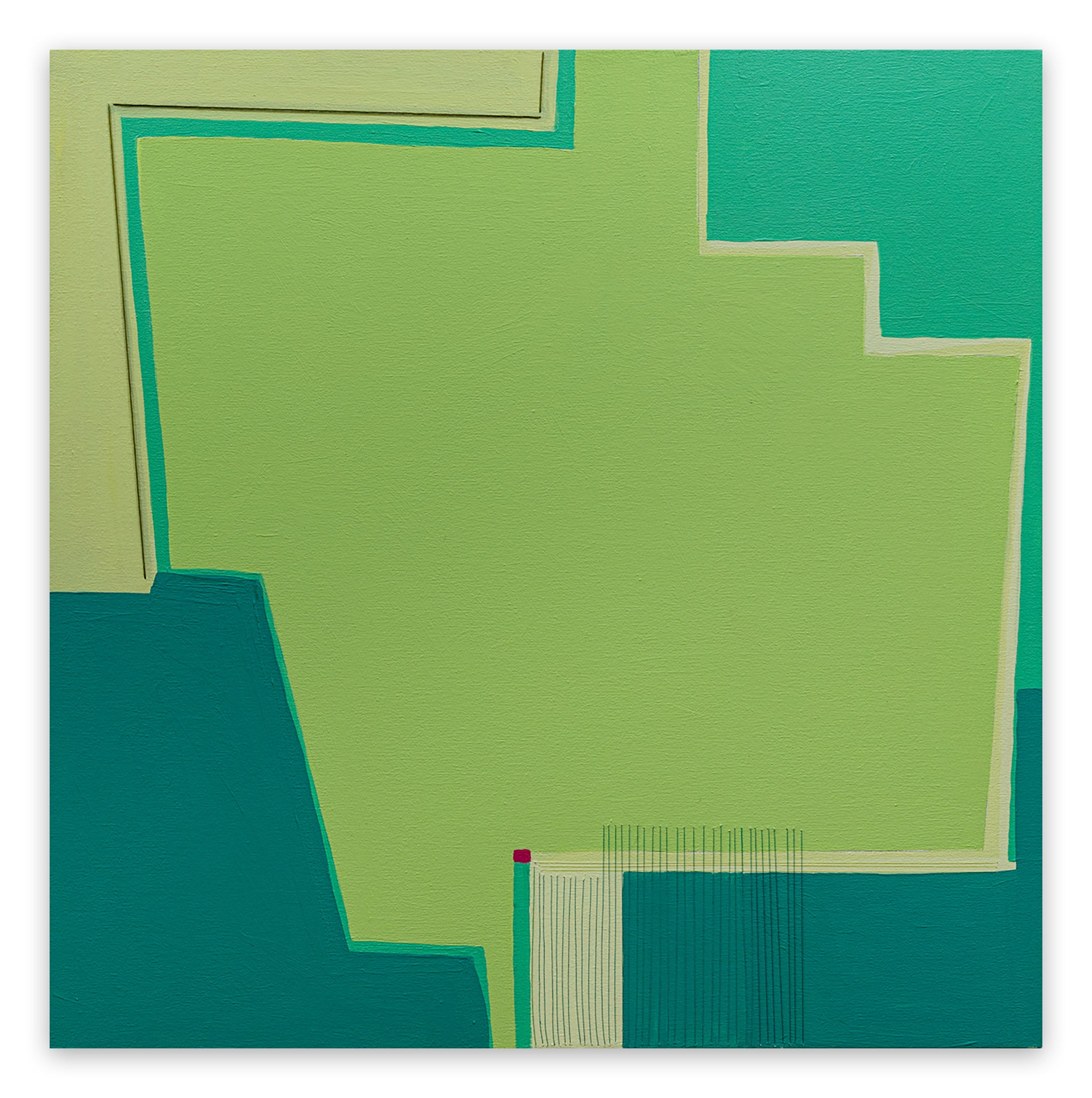 A painting of a green and blue abstract painting on a white background.