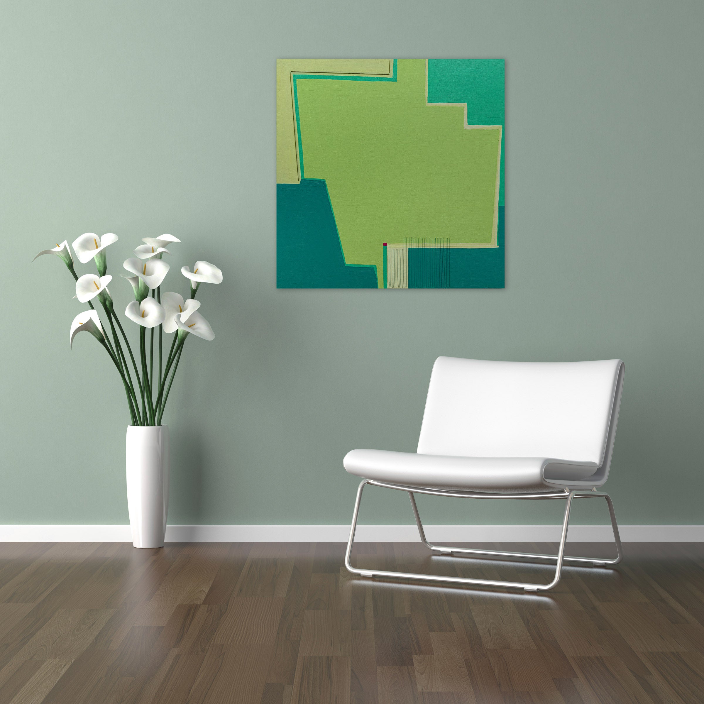 A painting of a green and blue abstract painting on a white background.