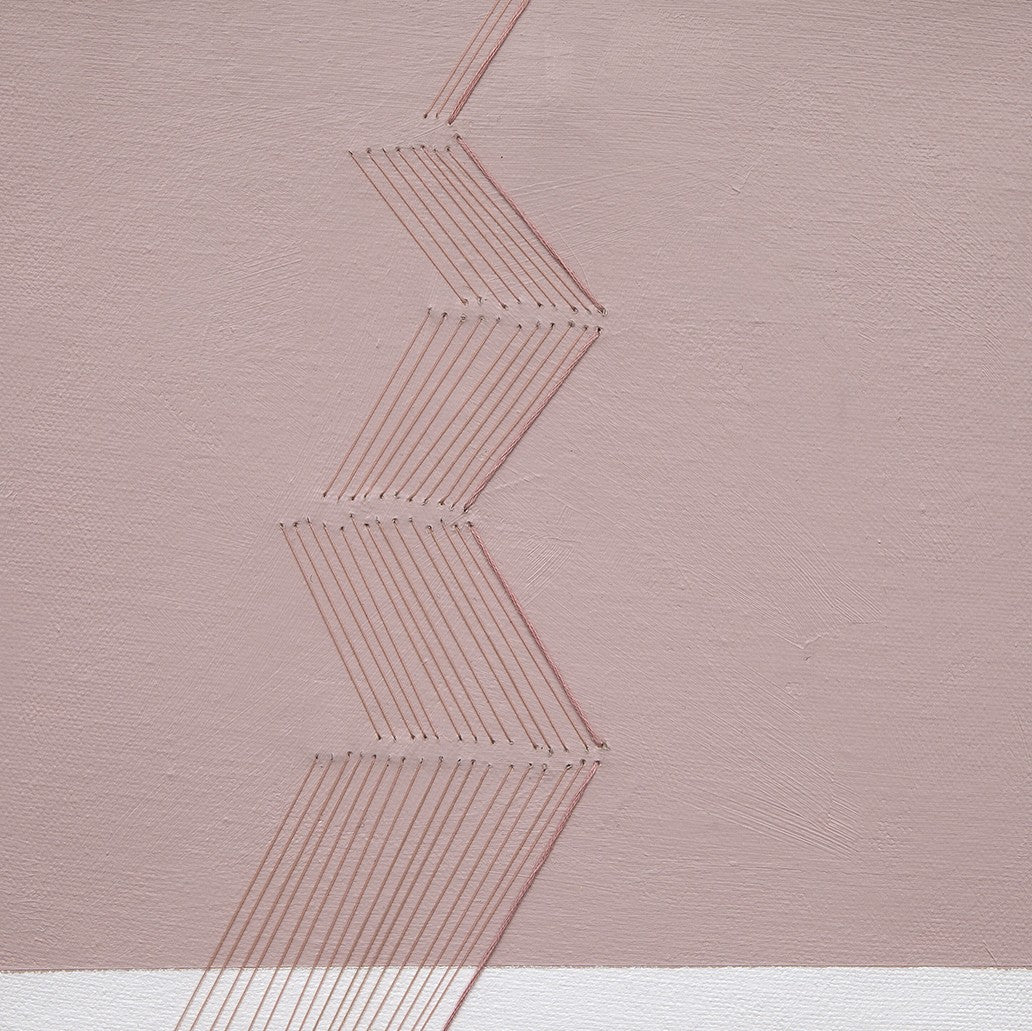 A pink and white painting with a line drawing on it.