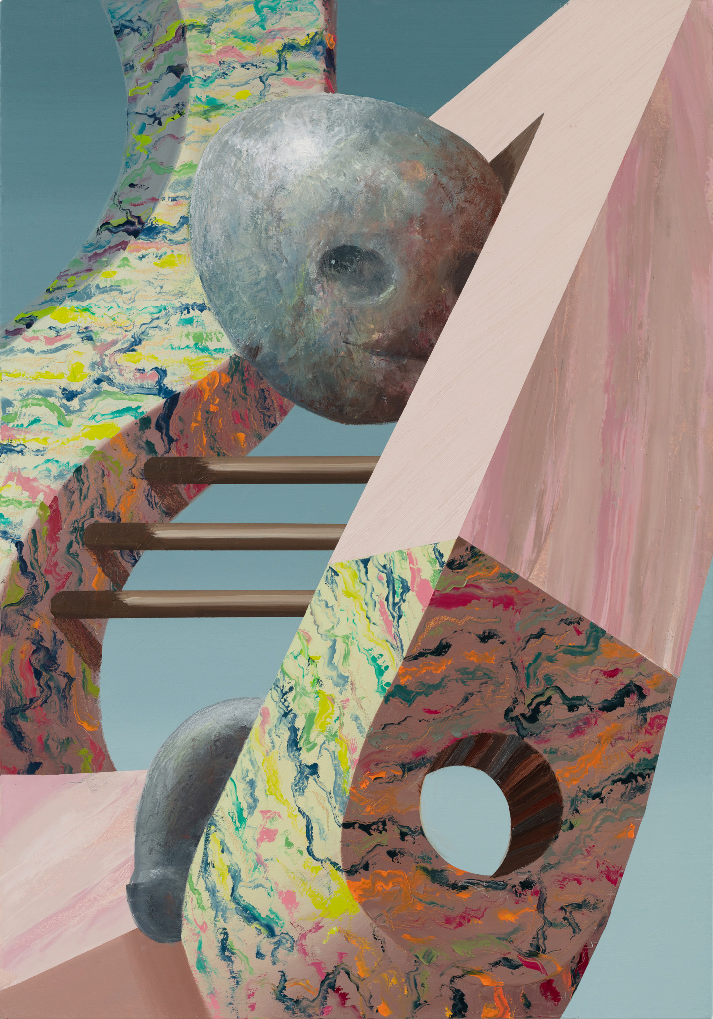 A painting of a spiral staircase with a moon in the background.