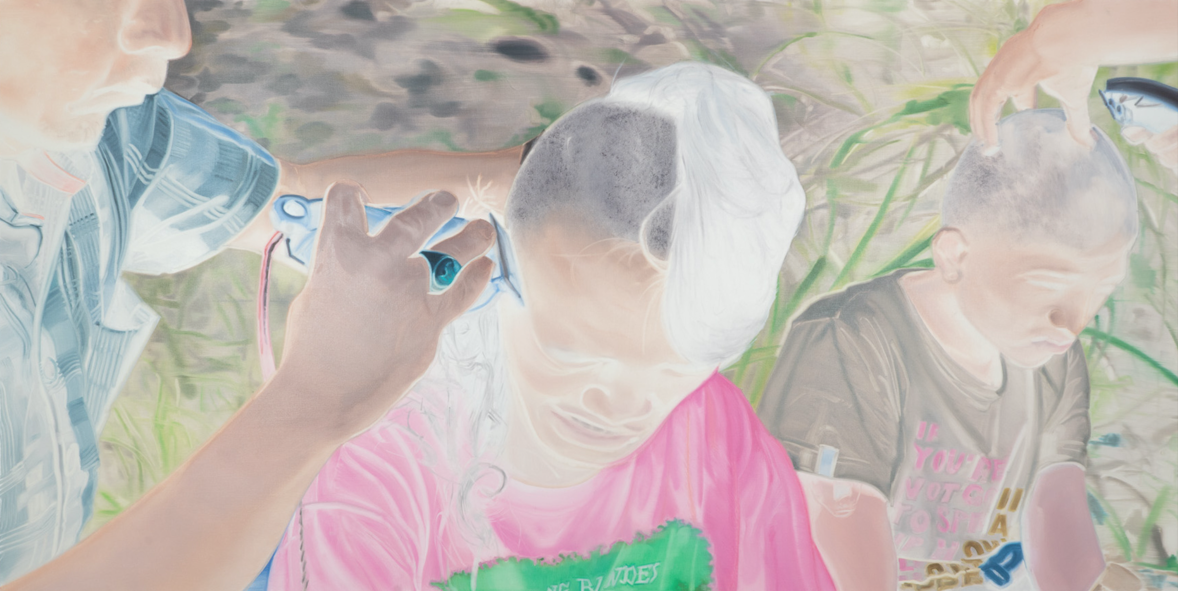 A soft-focus painting of a group of figures sharing an intimate haircutting moment in a grassy setting.
