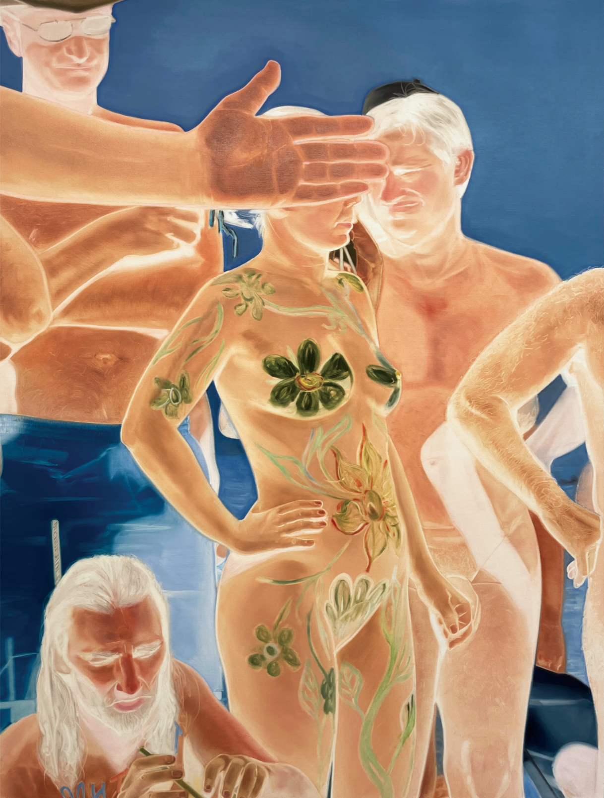 A surreal painting of a nude figure adorned with floral patterns surrounded by several other figures.