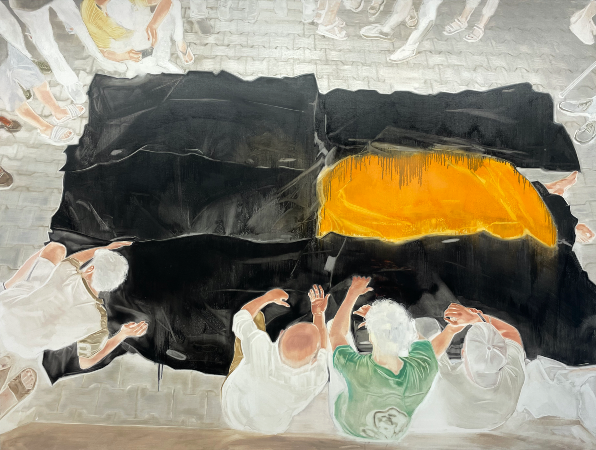 A dramatic painting of figures reaching toward a glowing orange mass from beneath a dark, draped void.