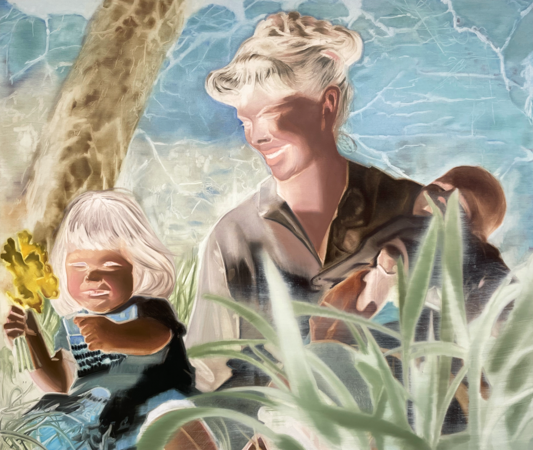 A painterly portrait of a woman and child sharing a quiet moment in nature.