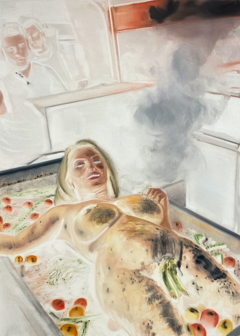 A surreal painting of a nude figure relaxing in a bath filled with vegetables, with ghostly figures watching from the background.
