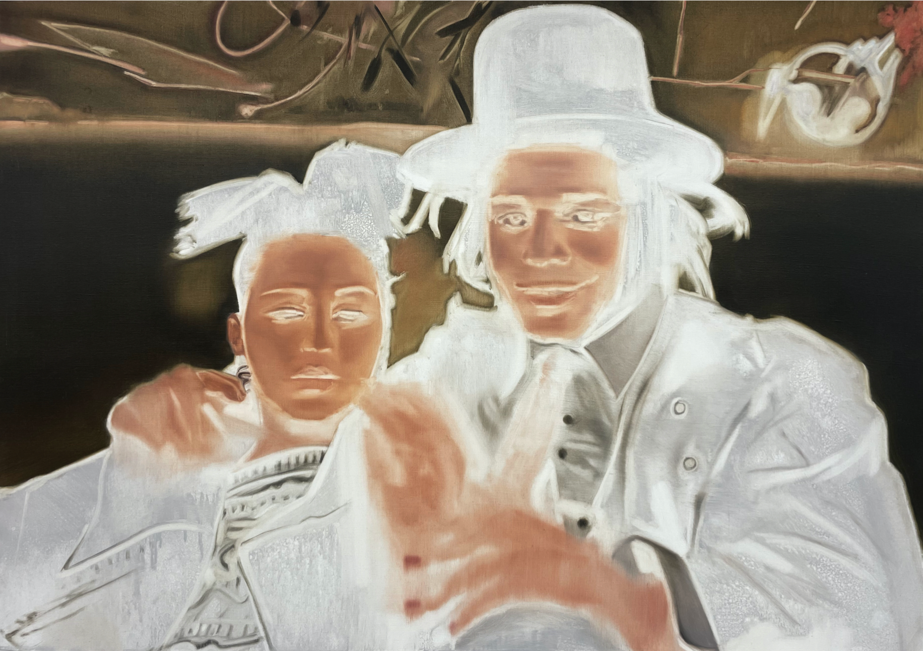 A painted portrait of two figures in white attire against a dark background.