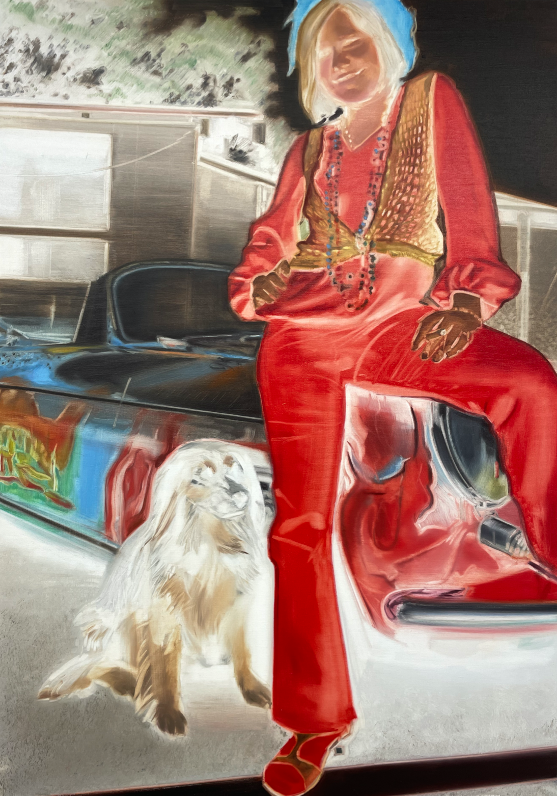 A vibrant portrait of a figure in red sitting on a classic car with a fluffy dog beside them.