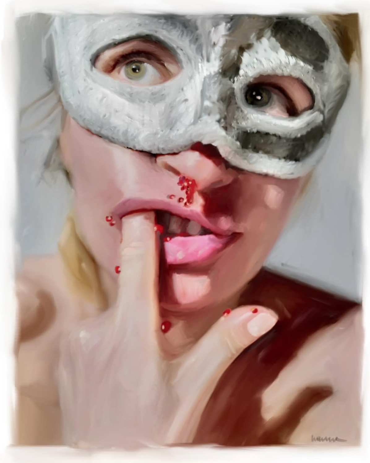 A masked figure with a finger to lips, adorned with red beads and wearing a textured mask.