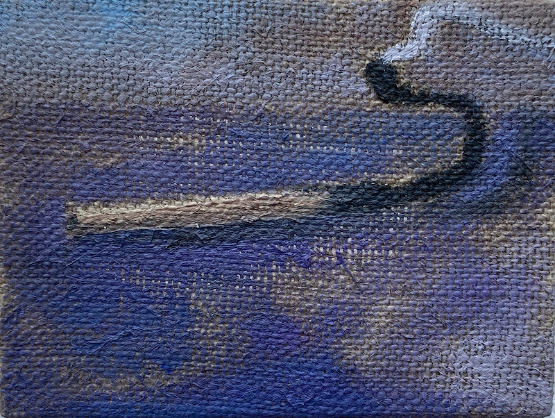A textured abstract painting featuring a dark, curved shape against a blue and grey woven background.