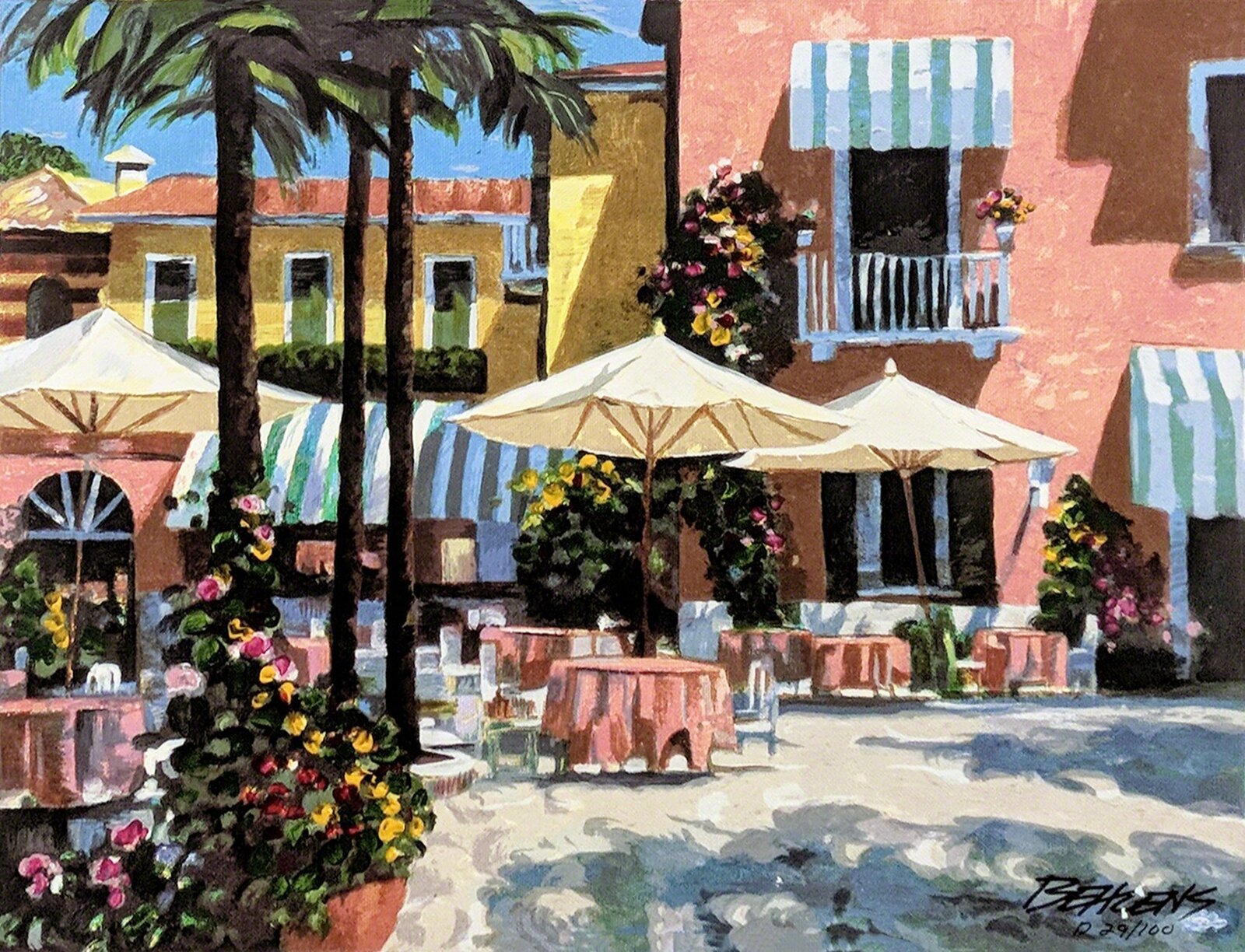 A painting of a street scene with tables and umbrellas.