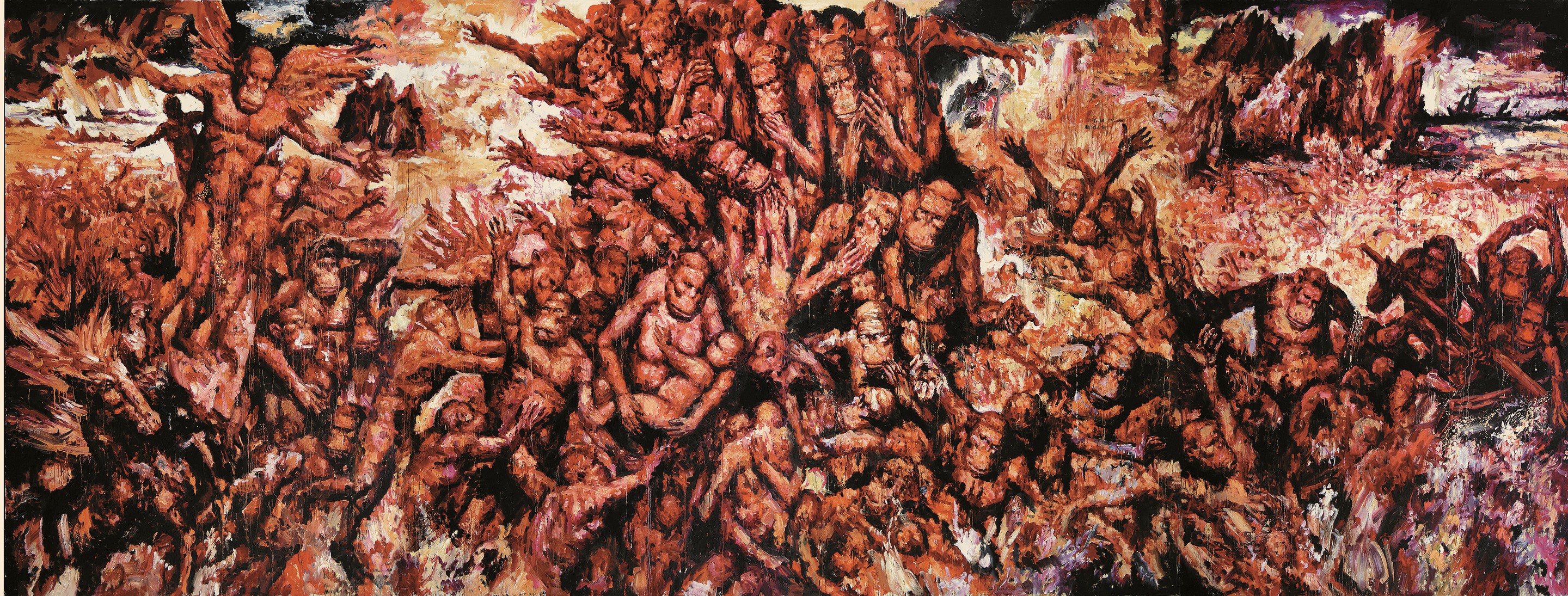 A painting of a large group of people in a field.