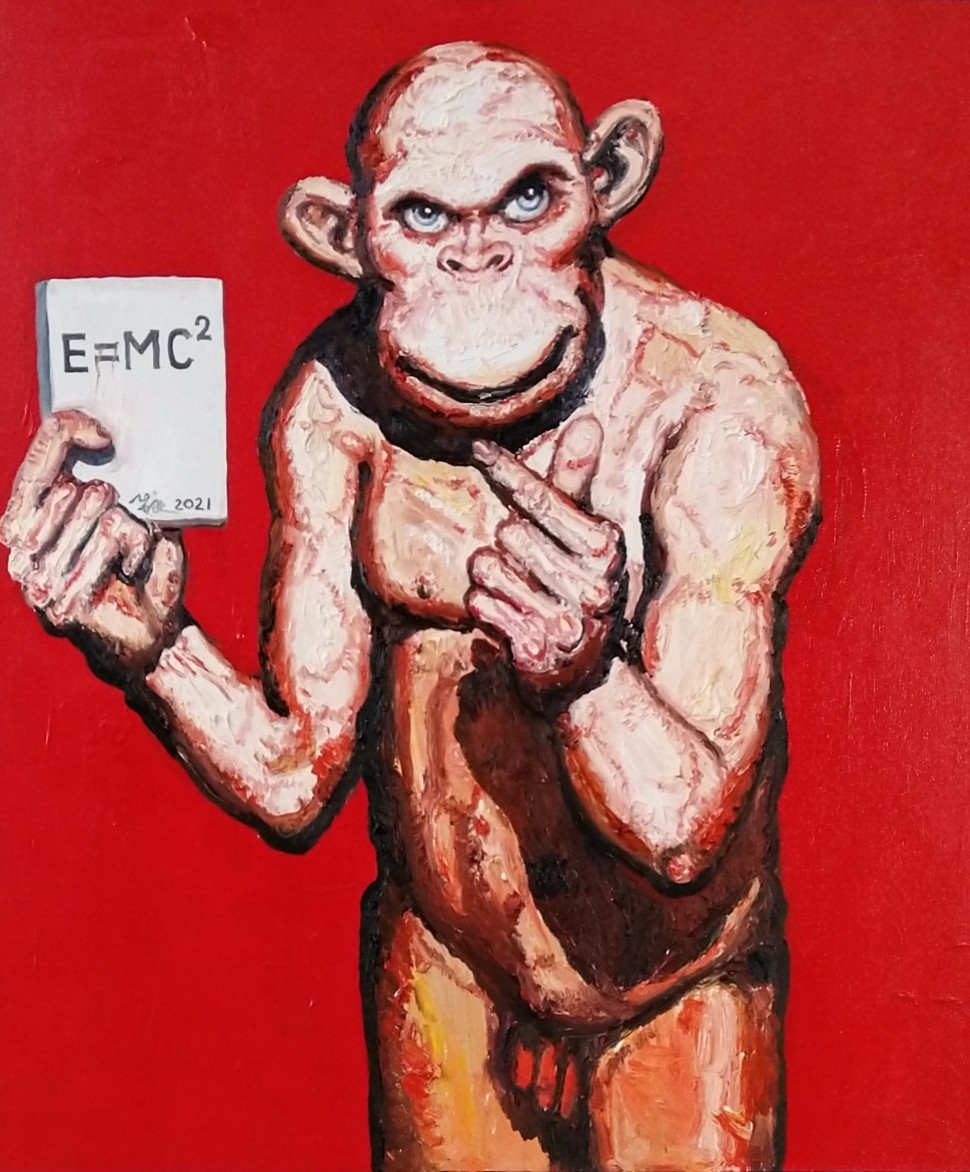 A muscular, ape-like figure in a red void holds up a card with the equation E=MC².
