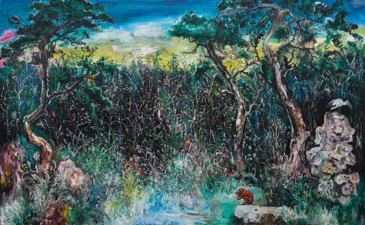 A lush, impressionistic forest scene featuring a small figure sitting by a stream.