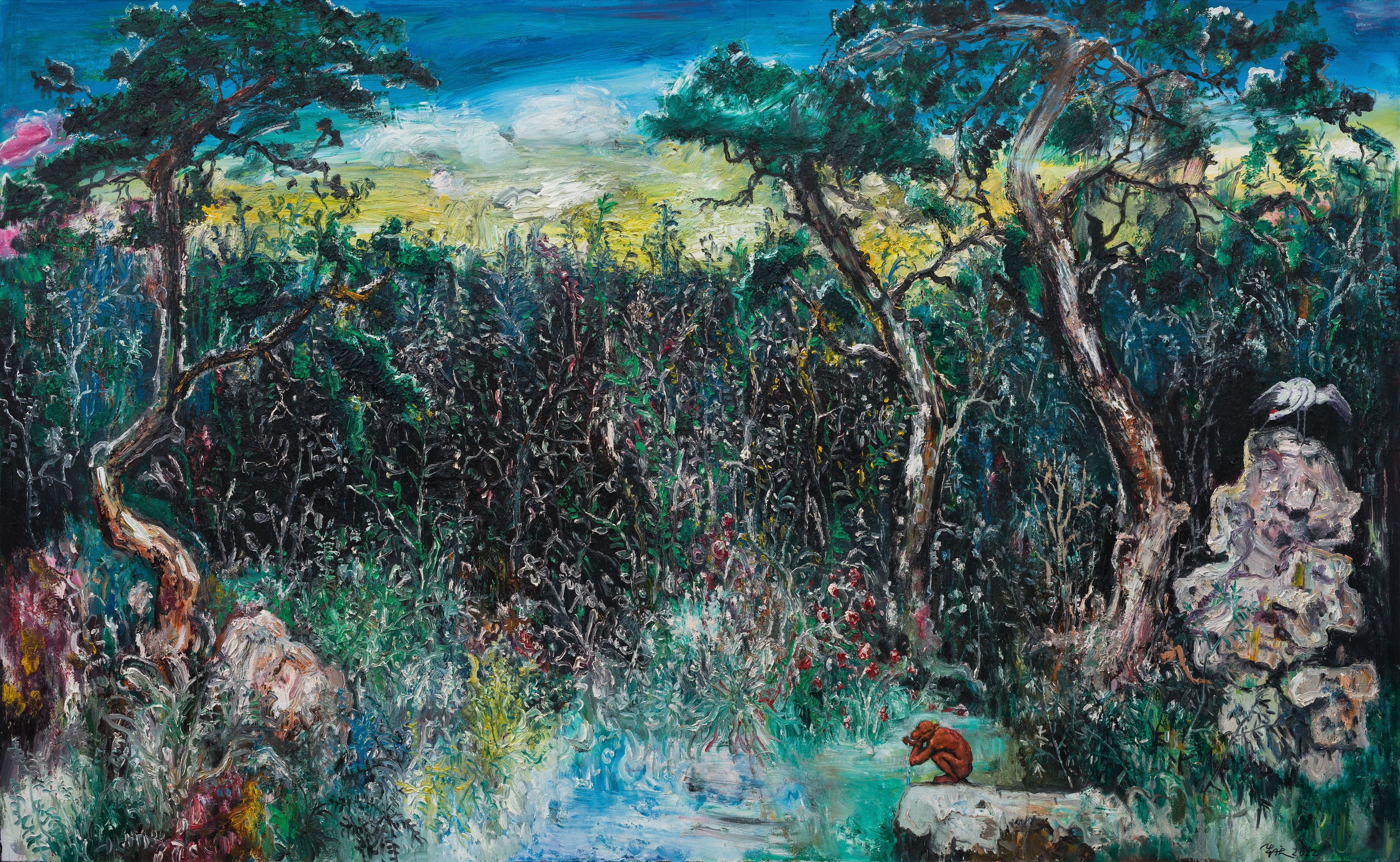 A lush, impressionistic forest scene featuring a small figure sitting by a stream.