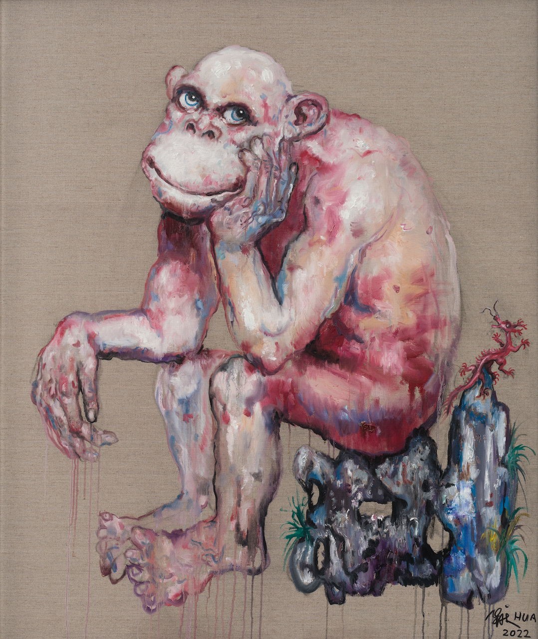 A contemplative, pale figure sits on a strange rock-like object, rendered in a dripping, expressive style.