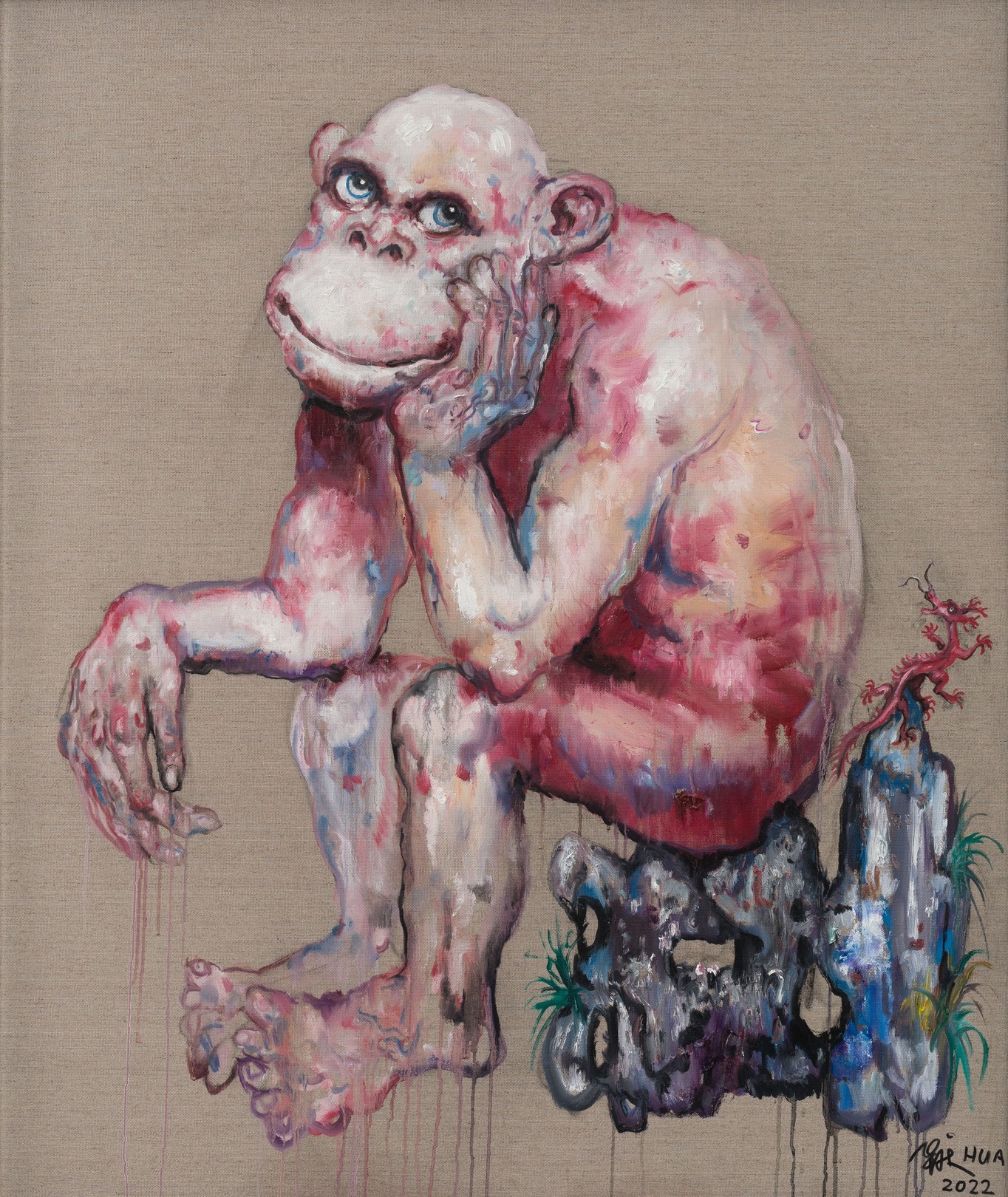 A contemplative, pale figure sits on a strange rock-like object, rendered in a dripping, expressive style.