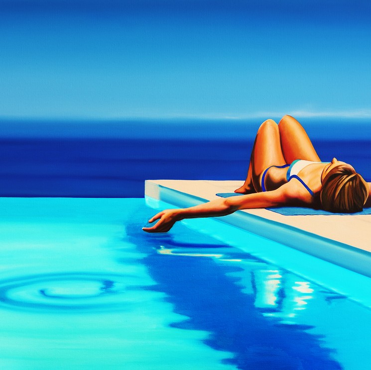 A painting of a woman laying on the edge of a swimming pool.