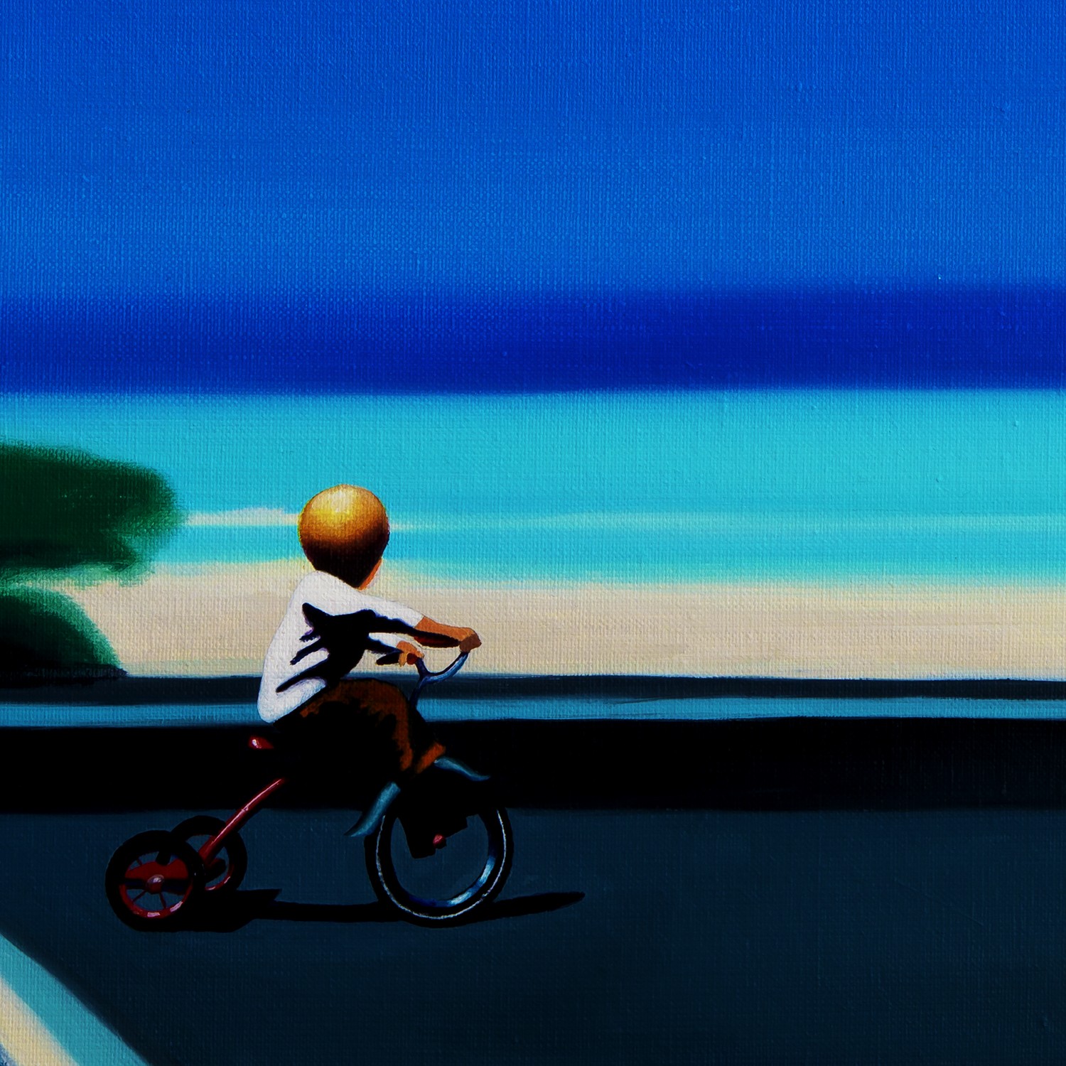 A stylized figure rides a tricycle along a coastal road under a vast blue sky.
