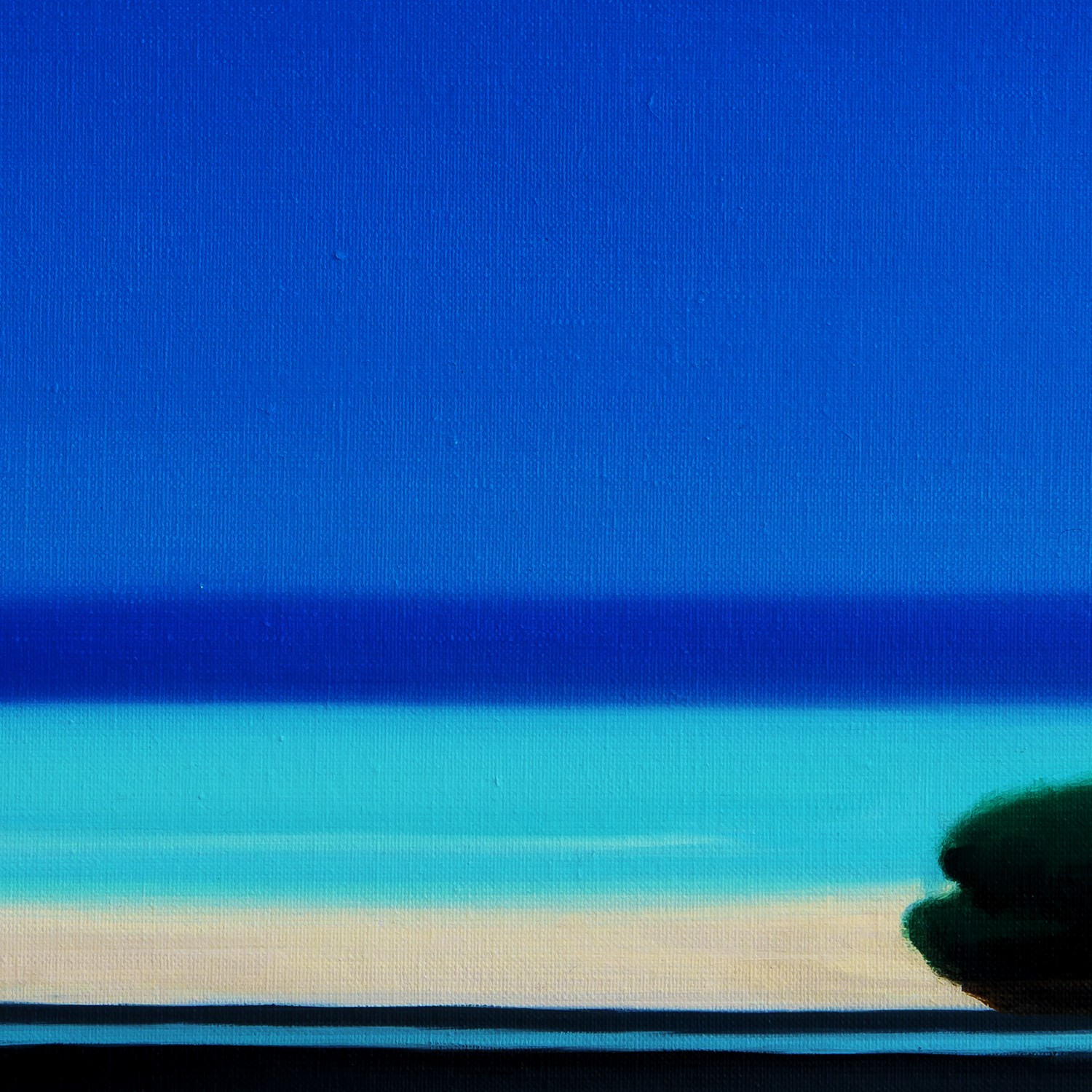 A stylized figure rides a tricycle along a coastal road under a vast blue sky.