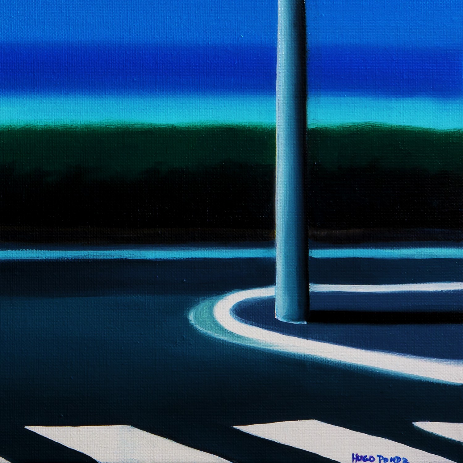 A stylized figure rides a tricycle along a coastal road under a vast blue sky.
