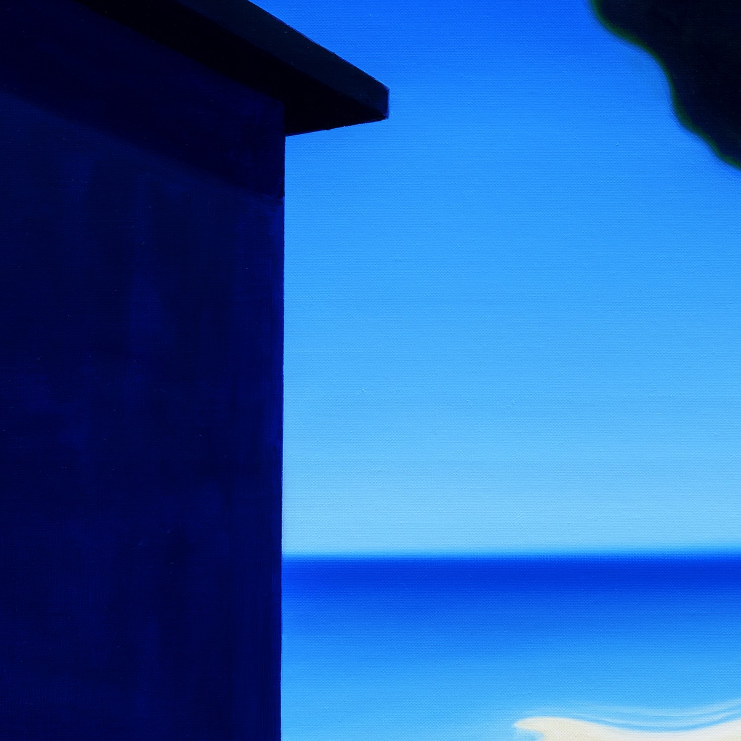 A solitary figure stands on a balcony overlooking the sea, holding a red bucket.