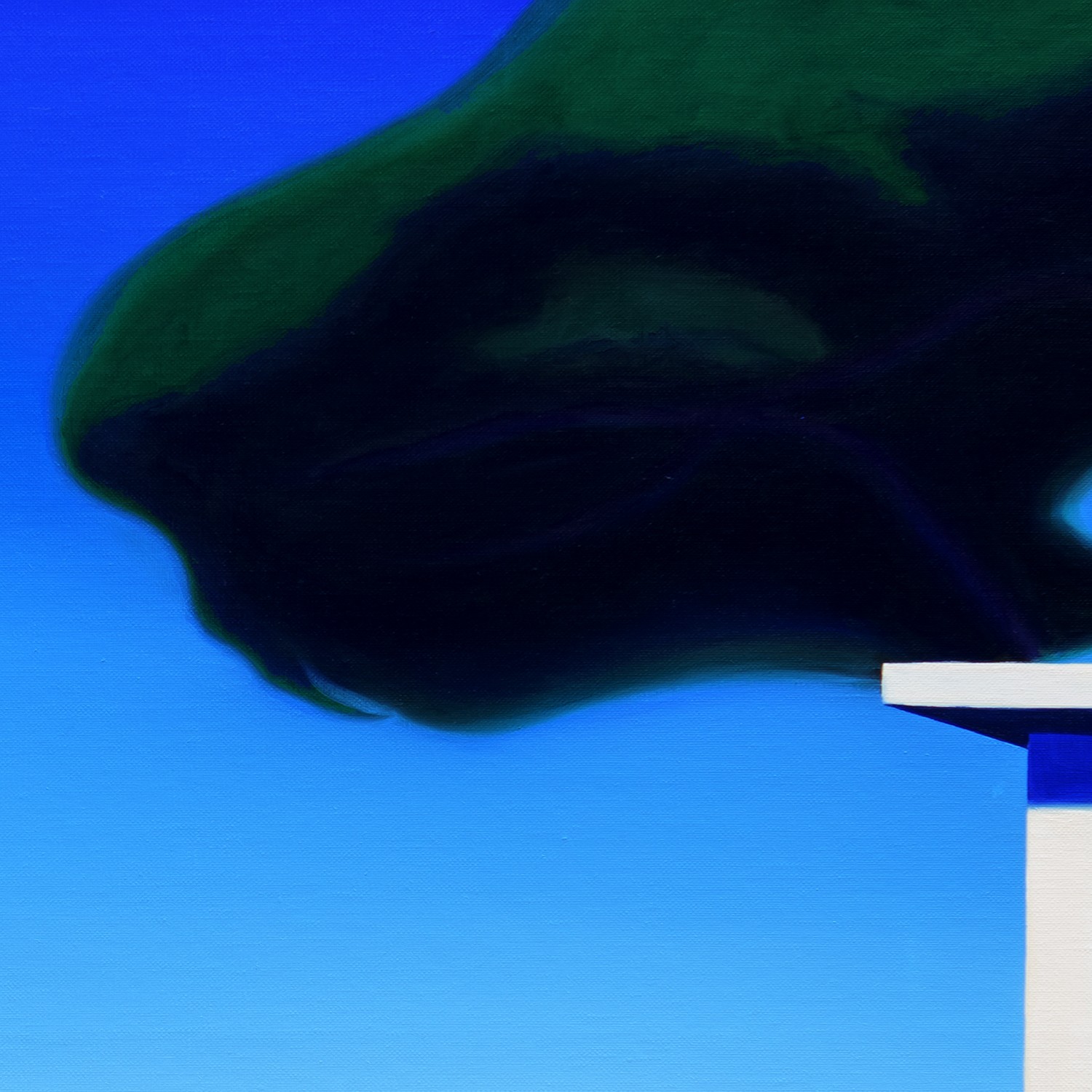 A solitary figure stands on a balcony overlooking the sea, holding a red bucket.
