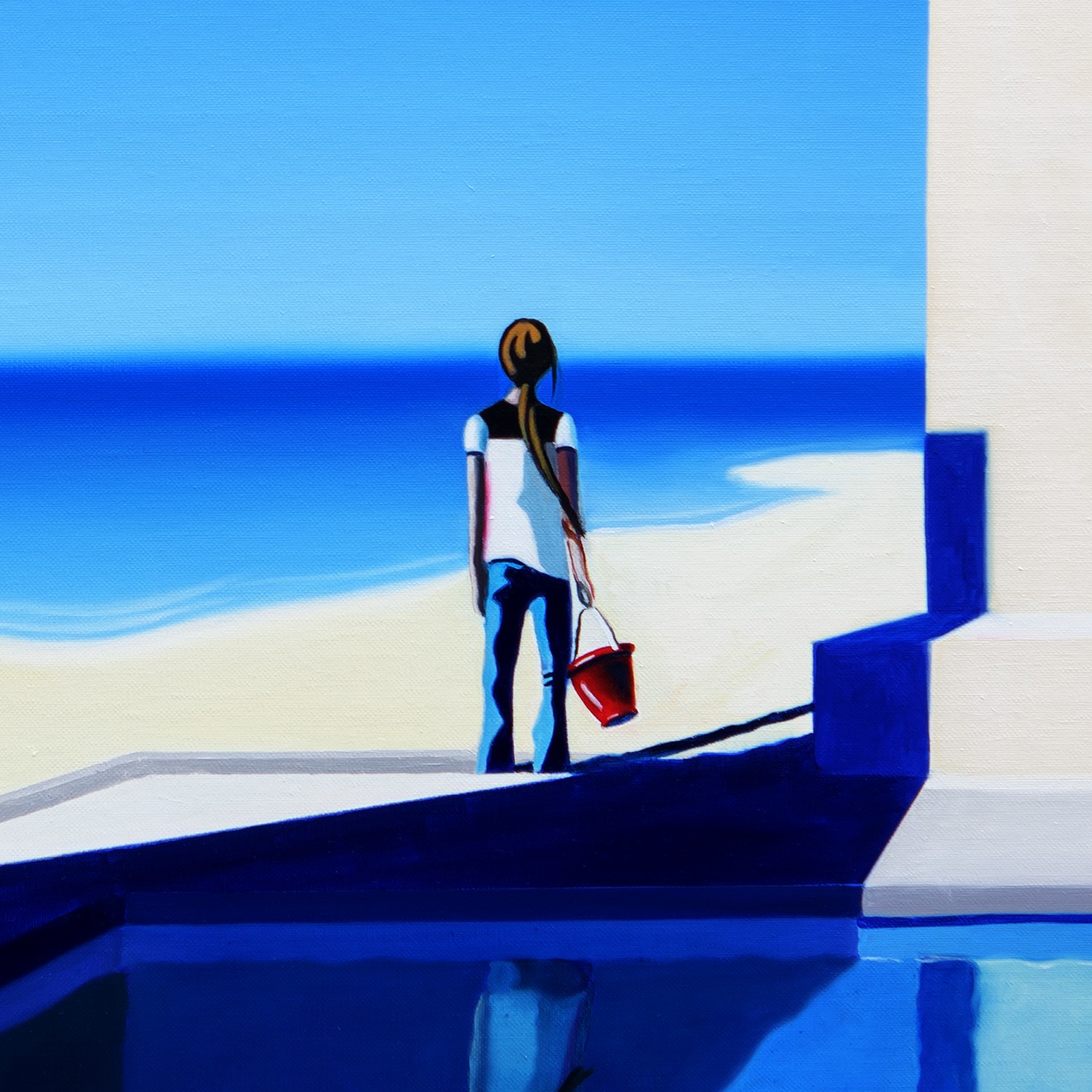 A solitary figure stands on a balcony overlooking the sea, holding a red bucket.
