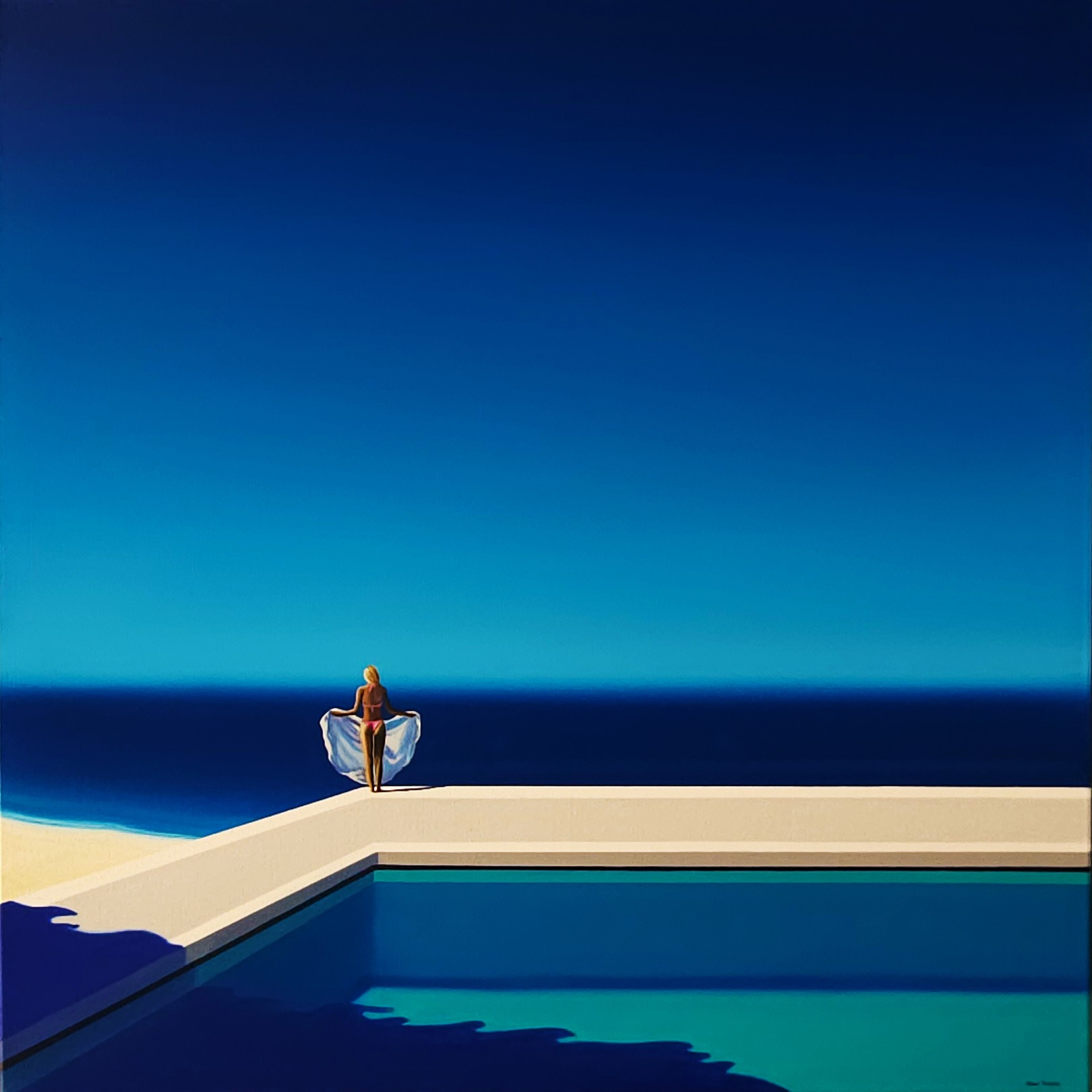A painting of a person standing on the edge of a swimming pool.