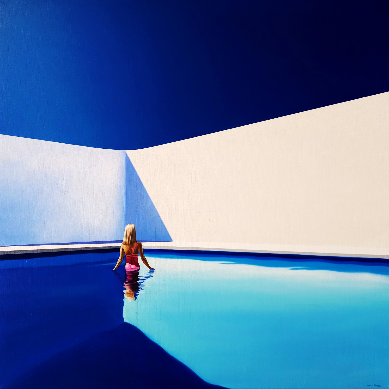 A painting of a woman standing in a swimming pool.