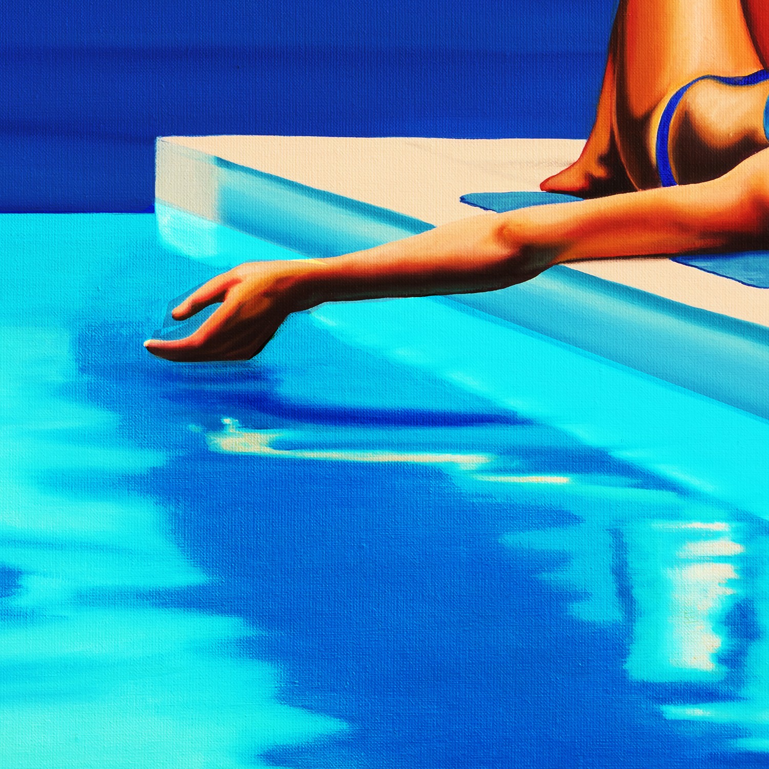 A painting of a woman laying on a blue towel by the pool.