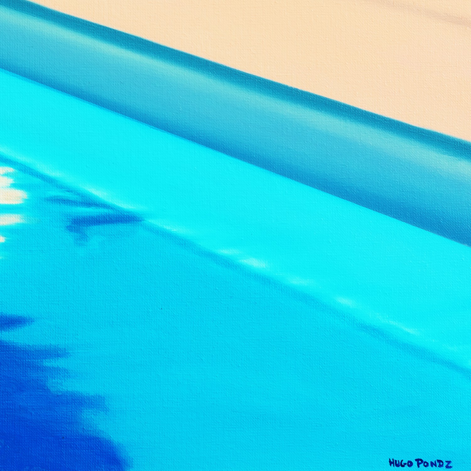 A painting of a woman laying on a blue towel by the pool.