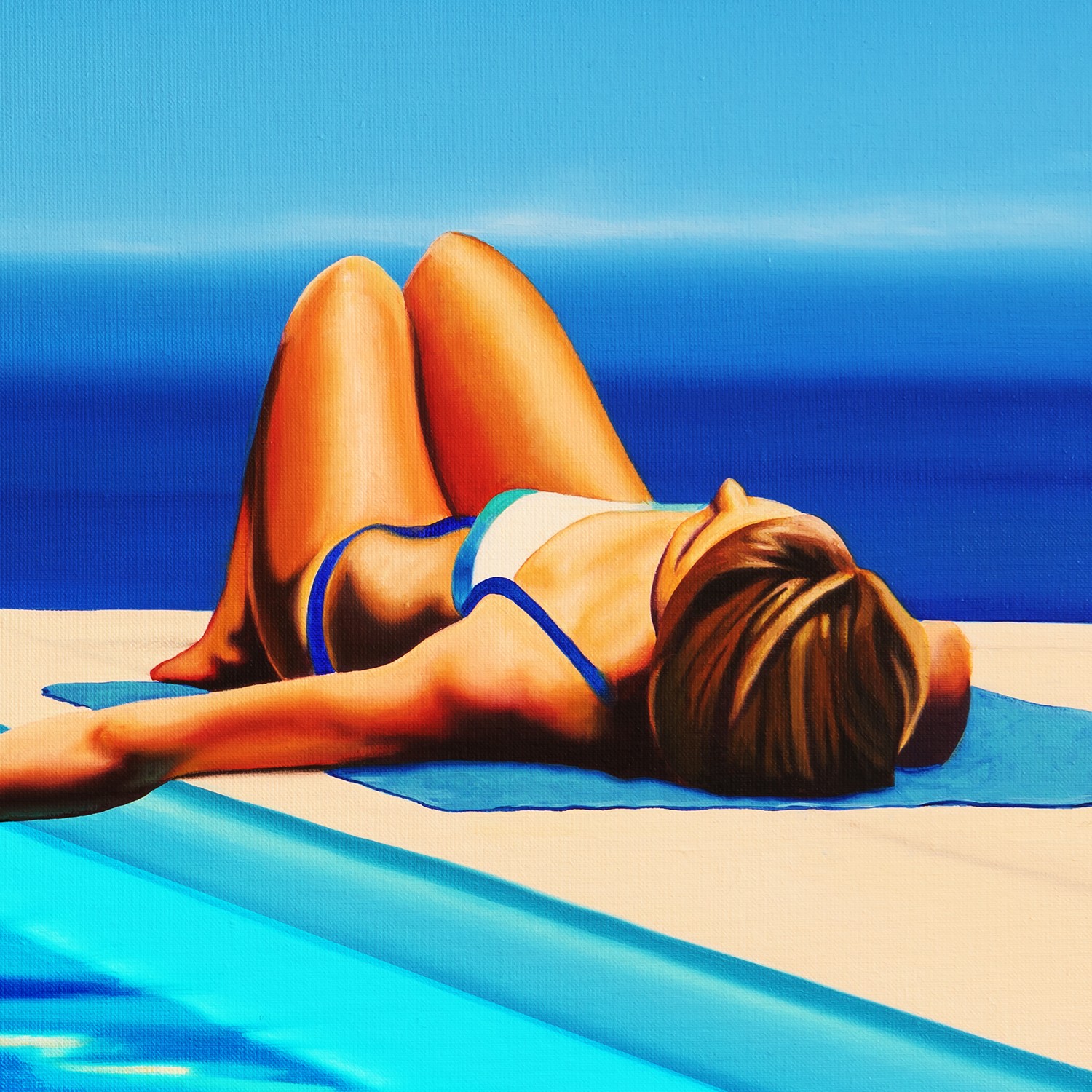 A painting of a woman laying on a blue towel by the pool.