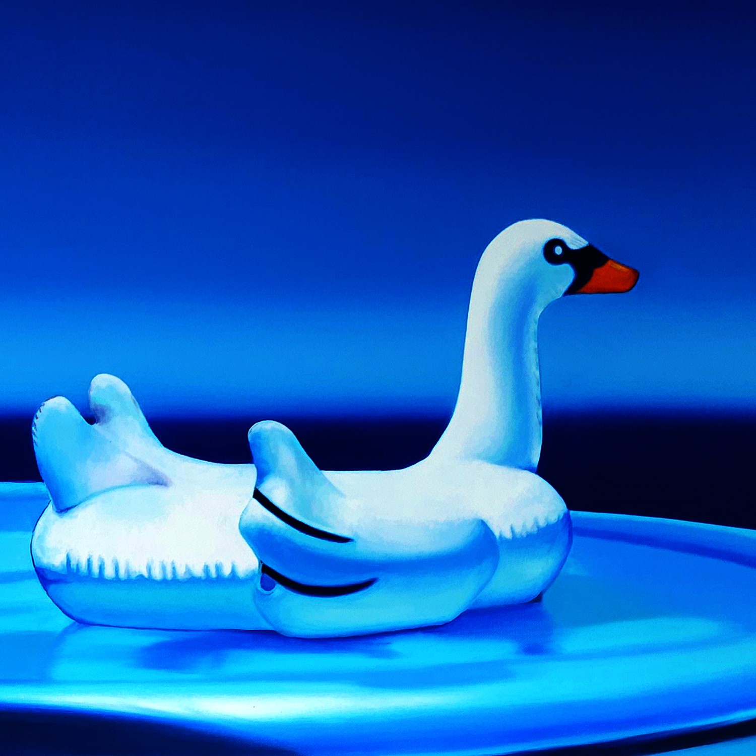 A painting of two white swans floating on a blue surface.