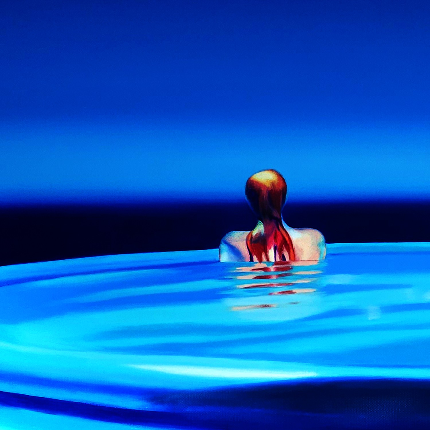 A painting of two white swans floating on a blue surface.