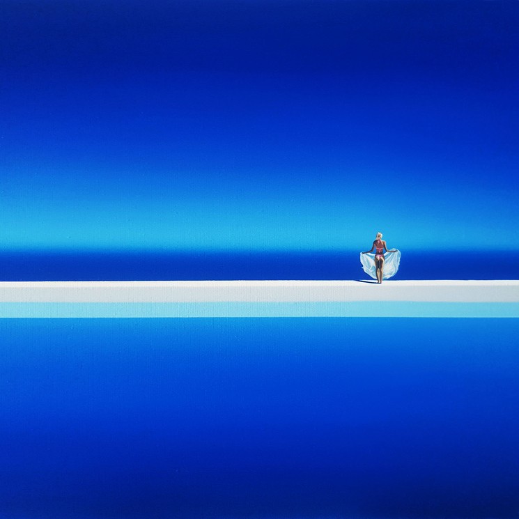 A painting of a person standing on a ledge in the middle of a pool.