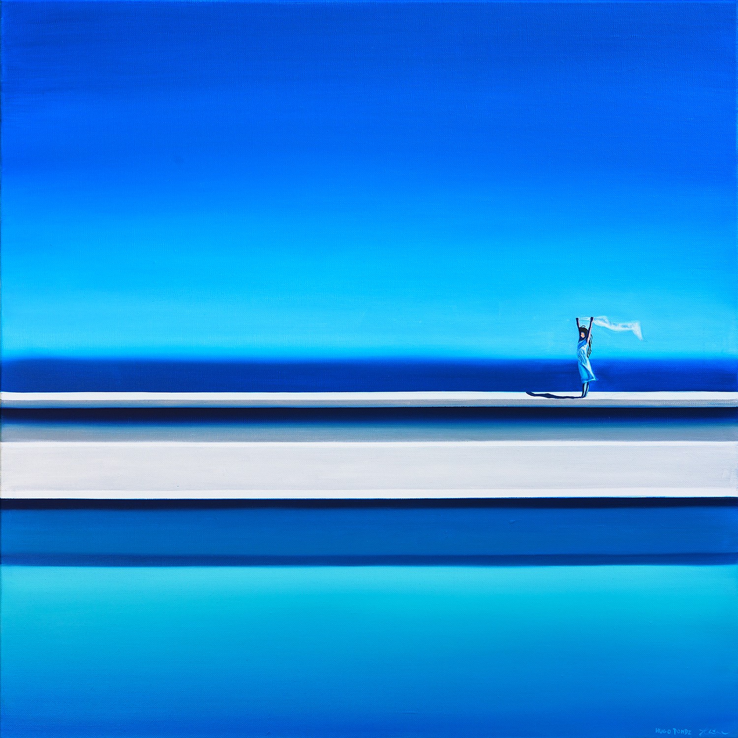 A solitary figure stands on a white horizontal band against a vast blue gradient background, holding up a flowing white cloth.