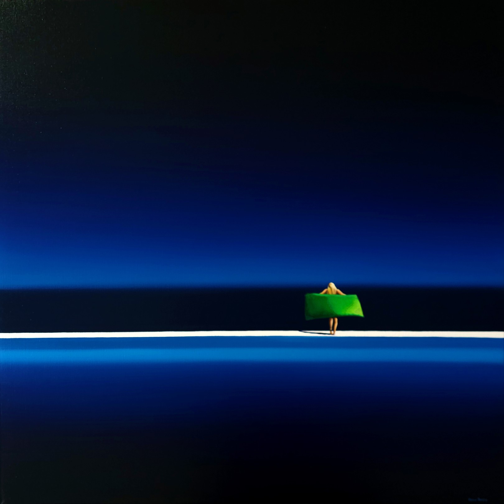 A painting of a person standing in the middle of the ocean.