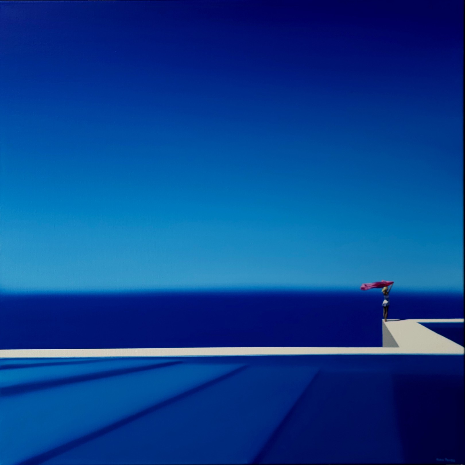 A minimalist composition featuring a solitary figure holding a red flag on the edge of a white platform overlooking a vast blue sea.