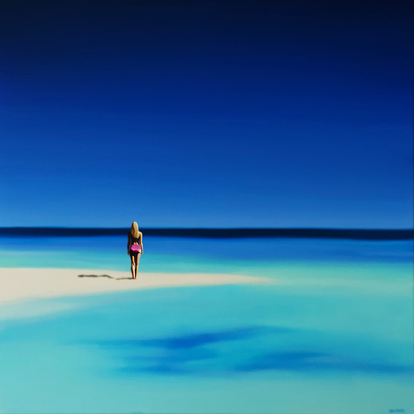 A painting of a woman walking on a beach.
