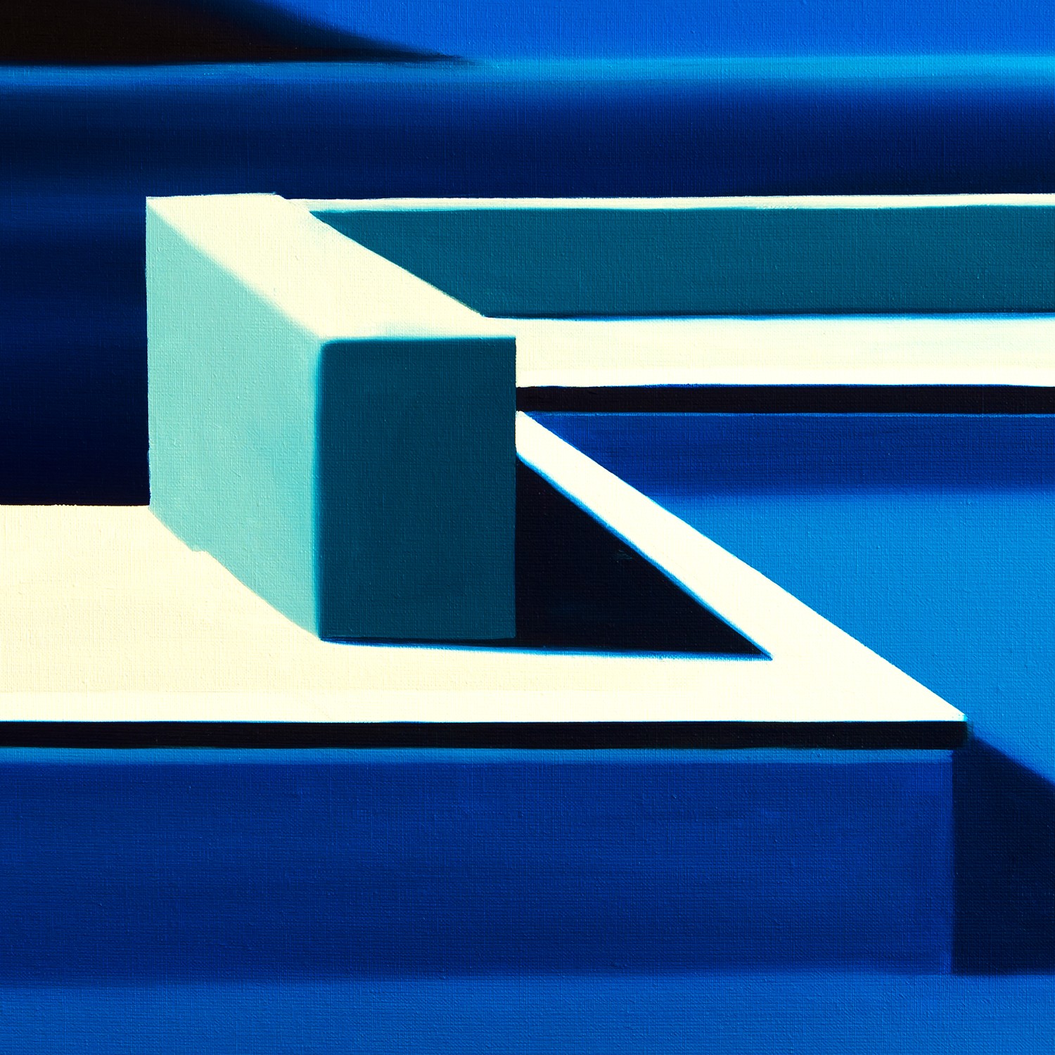 A solitary figure stands poised on a white block against a deep blue backdrop.