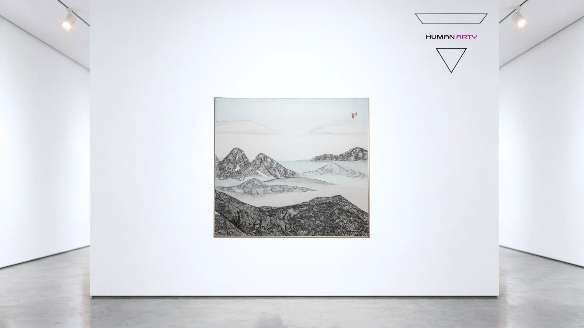 A minimalist ink landscape featuring layered mountains and misty valleys.