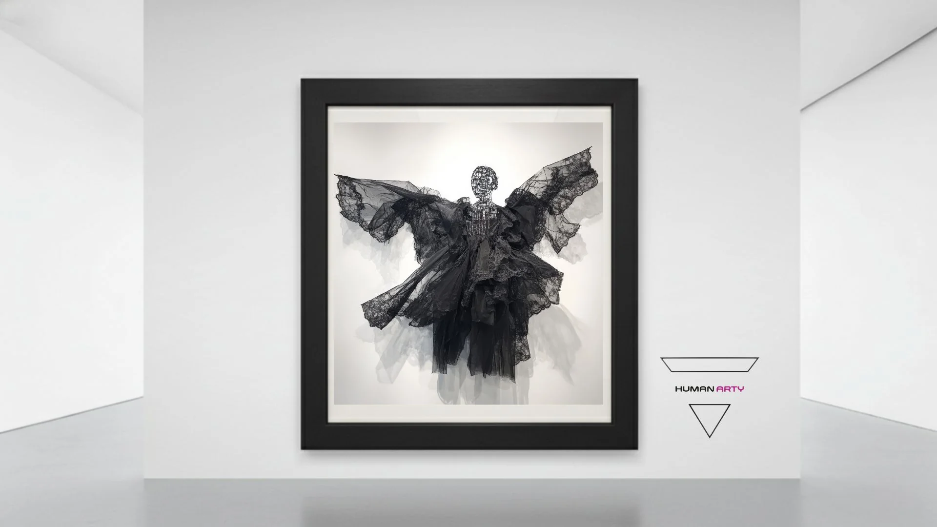 A framed black-and-white artwork of a figure with wings made of lace and wire.