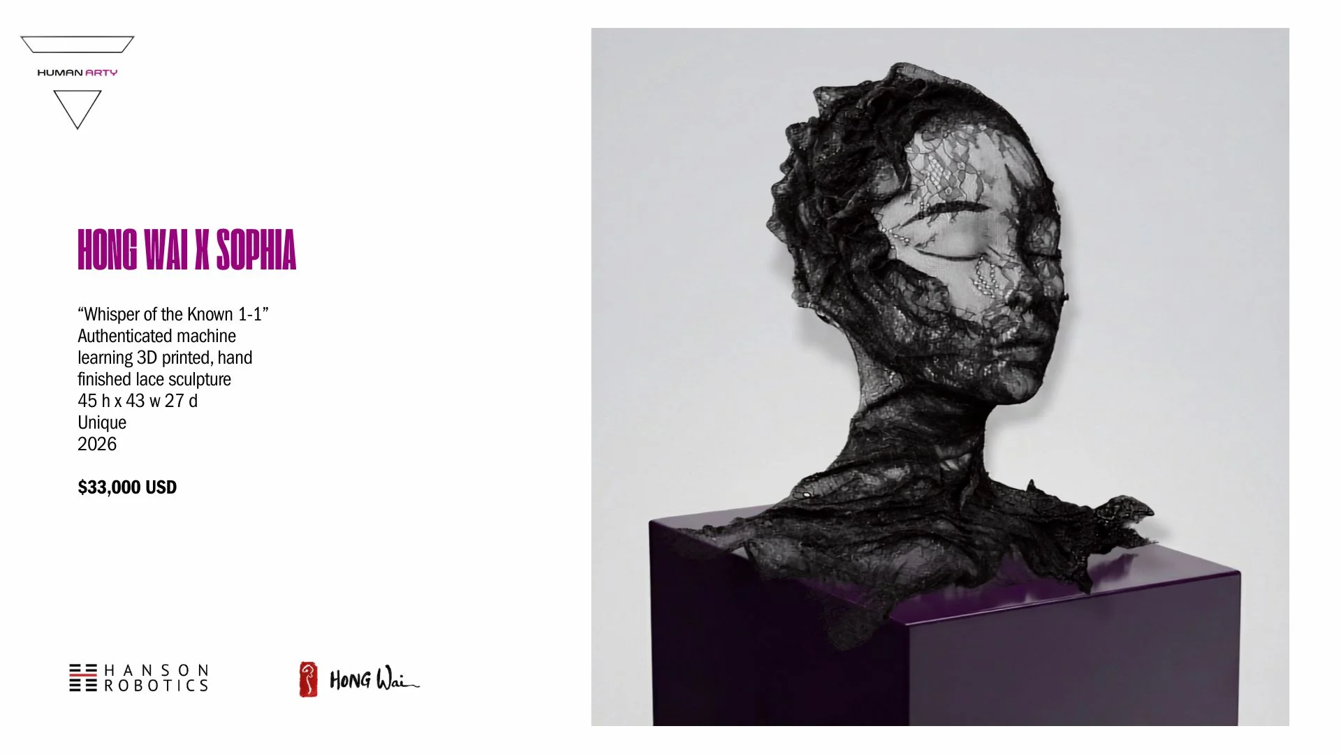 A bust sculpture of a face with closed eyes, crafted from intricate black lace and displayed on a purple pedestal.