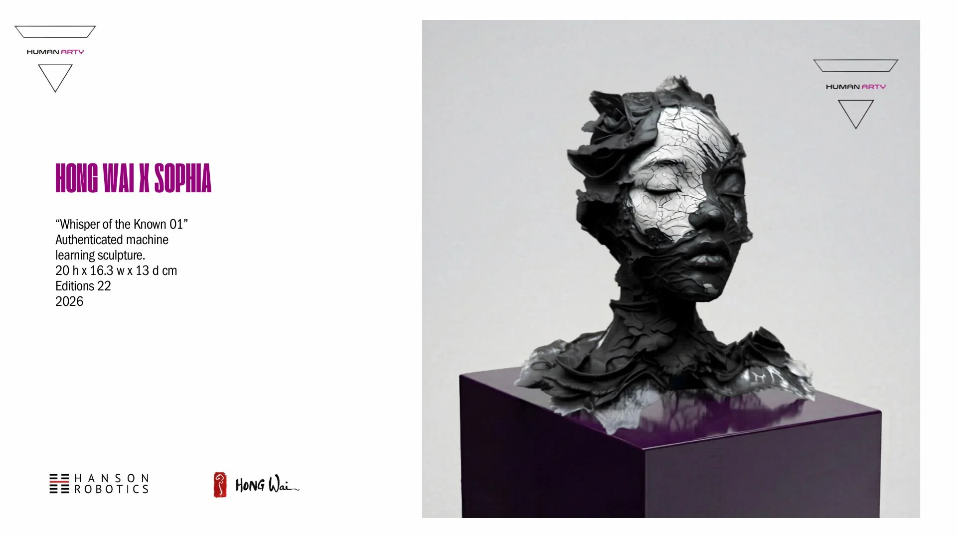 A surreal bust sculpture featuring a cracked, metallic face emerging from dark, organic textures.