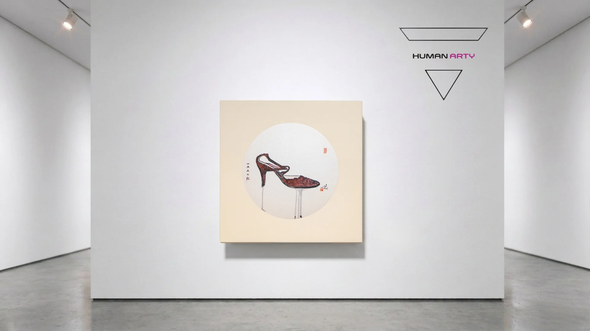A minimalist gallery display featuring a square painting of a high-heeled shoe within a circle.