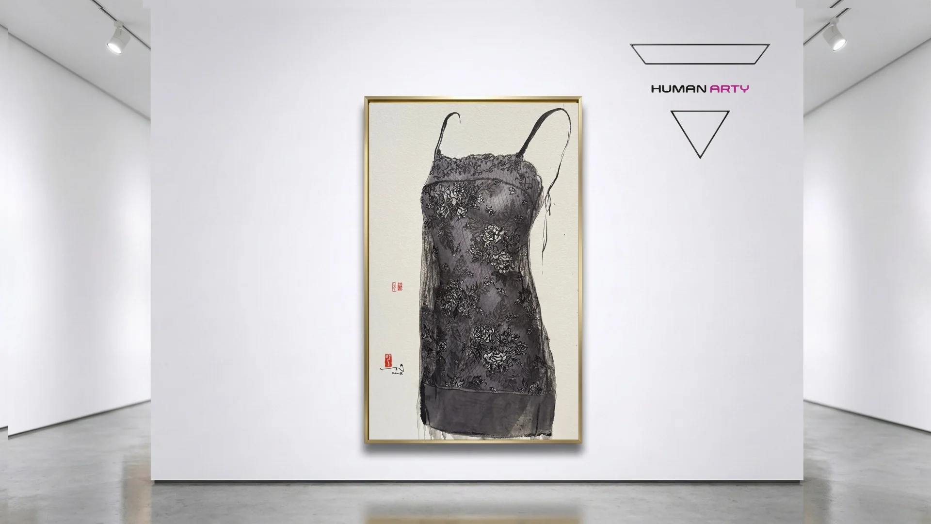 A framed ink painting of a floral-patterned dress displayed in a minimalist gallery space.